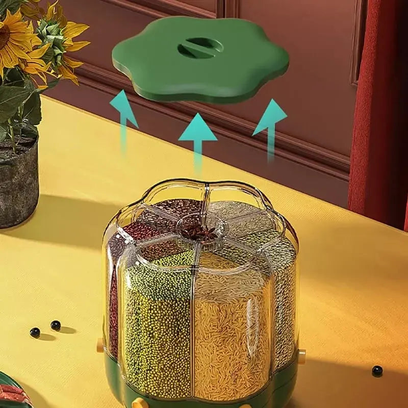 6-Grid Rotating Airtight Rice and Grain Storage Container for Kitchen Organization