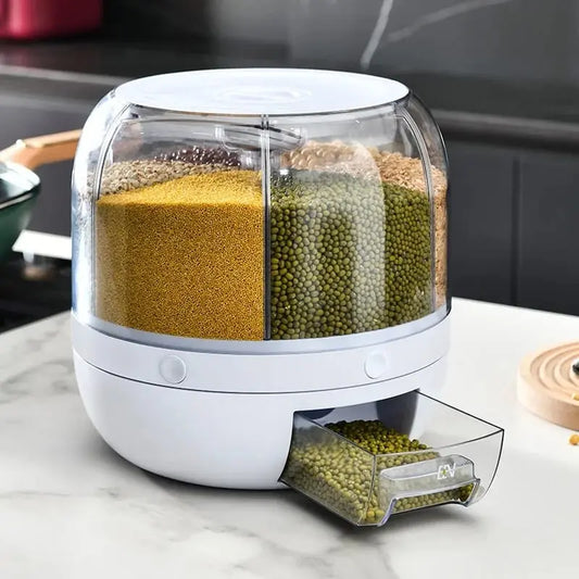 6-Grid Rotating Airtight Rice and Grain Storage Container for Kitchen Organization
