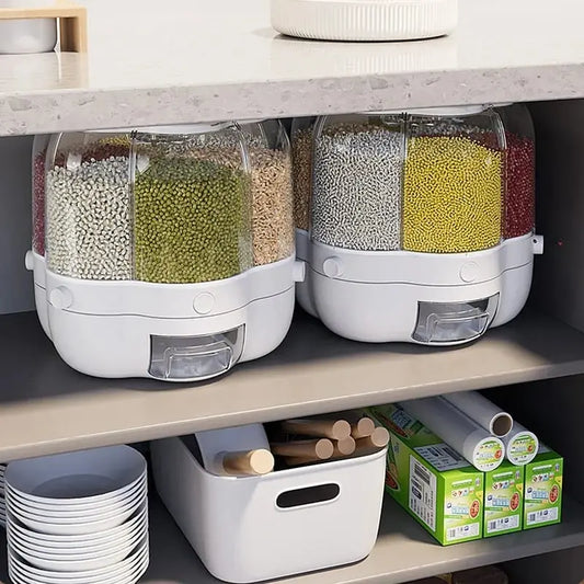 6-Grid Rotating Airtight Rice and Grain Storage Container for Kitchen Organization