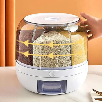 6-Grid Rotating Airtight Rice and Grain Storage Container for Kitchen Organization