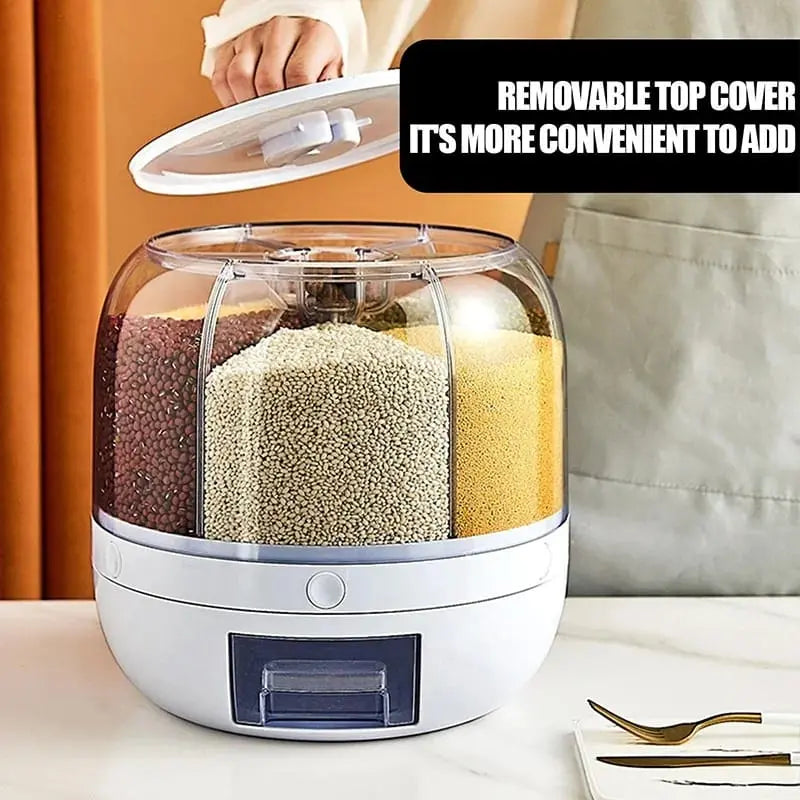 6-Grid Rotating Airtight Rice and Grain Storage Container for Kitchen Organization