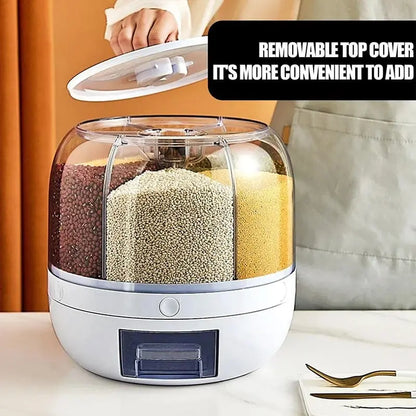 6-Grid Rotating Airtight Rice and Grain Storage Container for Kitchen Organization