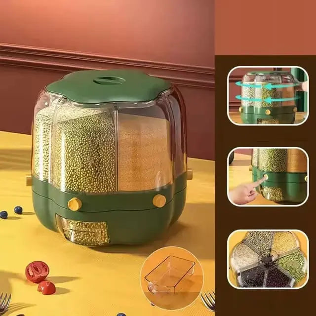 6-Grid Rotating Airtight Rice and Grain Storage Container for Kitchen Organization