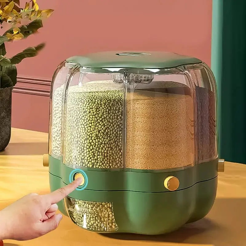 6-Grid Rotating Airtight Rice and Grain Storage Container for Kitchen Organization